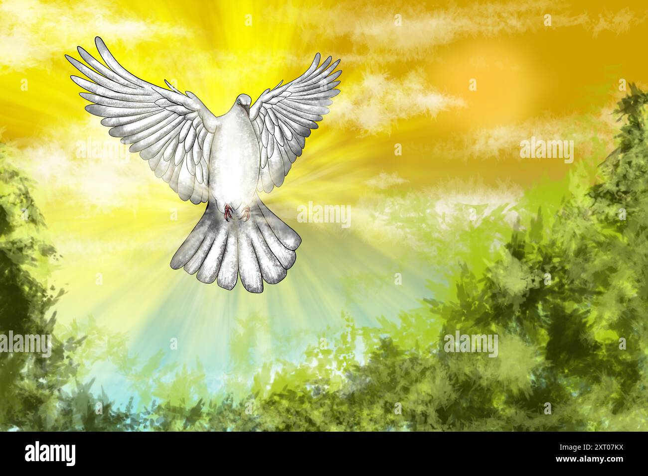 Weiße Taube, die anmutig durch einen sonnigen Himmel schwebt, steht für Frieden, Hoffnung und Neuanfänge Stockfoto