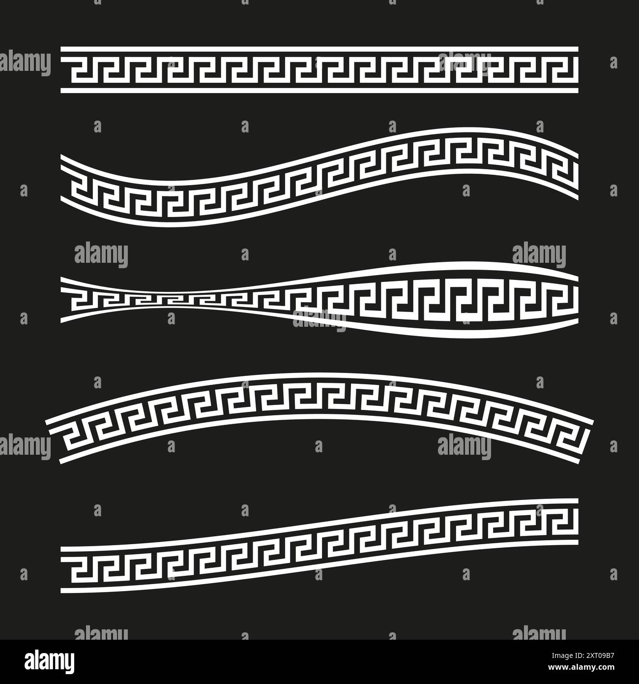 Griechische Musterränder. Weißes Mäander-Design. Schwarzer Hintergrund. Vektorabbildung. Stock Vektor
