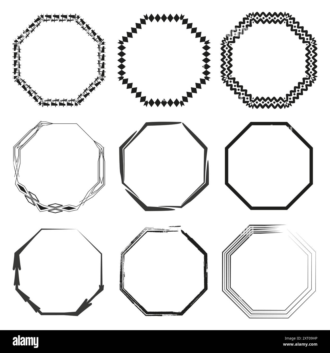 Achteckiger Rahmen. Neun verschiedene achteckige Grenzen. Schwarzweiß-Vektorabbildungen. Einfache geometrische Konstruktionen. Stock Vektor
