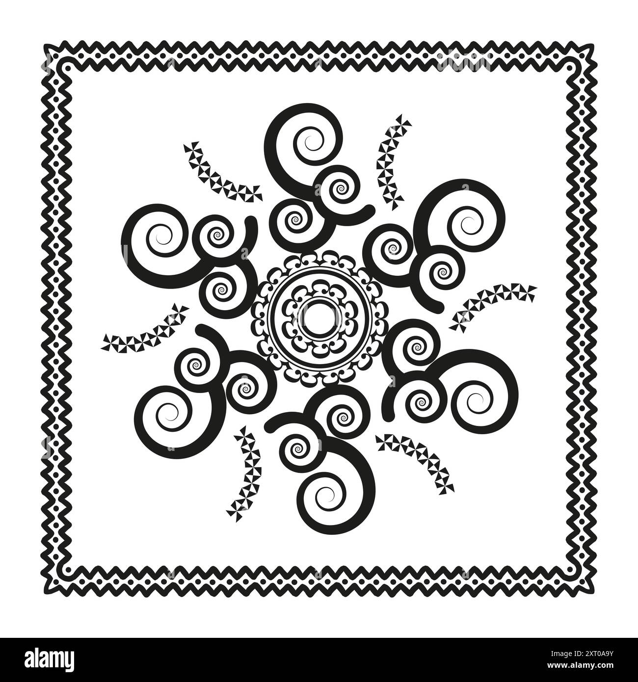 Abstraktes Blumenmuster. Schwarze Wirbel. Dekorativer Rand. Geometrisches Design. Stock Vektor