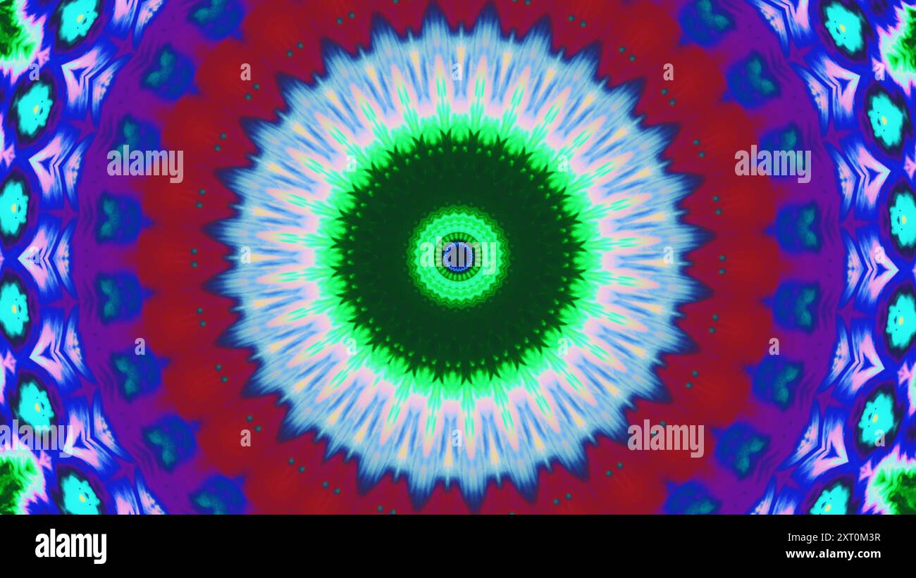 Komplexe, lebendige Kaleidoskop-Kunst mit symmetrischen Mustern, die mit detaillierten abstrakten Hintergrund der Designkunstabbildung fasziniert. Stockfoto