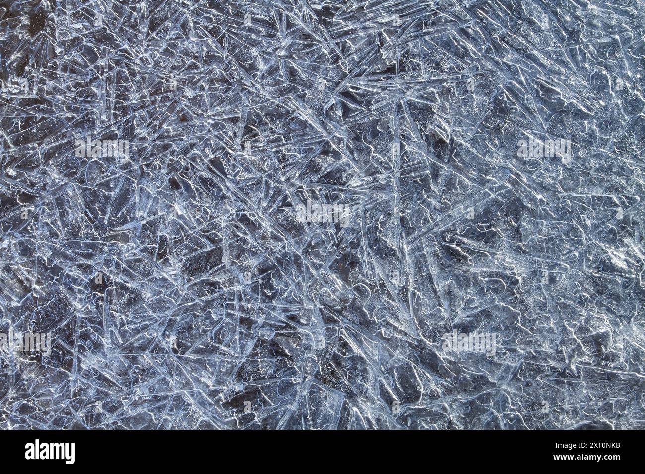 Eine dunkel gemusterte Oberfläche aus Eis, bestehend aus geschmolzenen und dann gefrorenen Eisnadeln. Abstrakter Winterhintergrund für Weihnachten. Nahaufnahme. Stockfoto