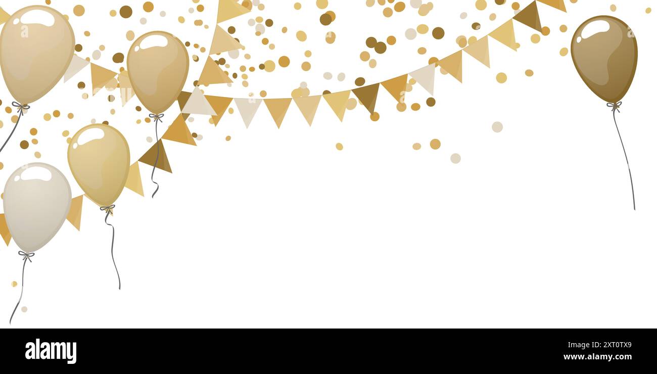 EPS 10 Vektorillustration der nahtlosen goldenen farbigen glücklichen Girlanden, Ballons und Konfetti auf weißem Hintergrund für sylvester oder Hochzeit Verwendung Stock Vektor
