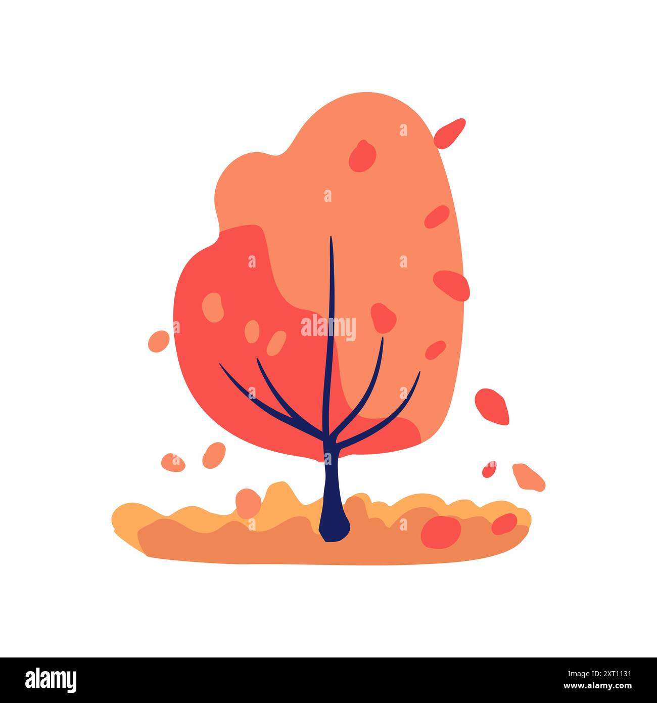 Handgezeichneter orangener und hellroter Baum mit Blättern und Herbstlaub. Einfaches Design. Illustration des flachen Vektors. Symbol. Stock Vektor