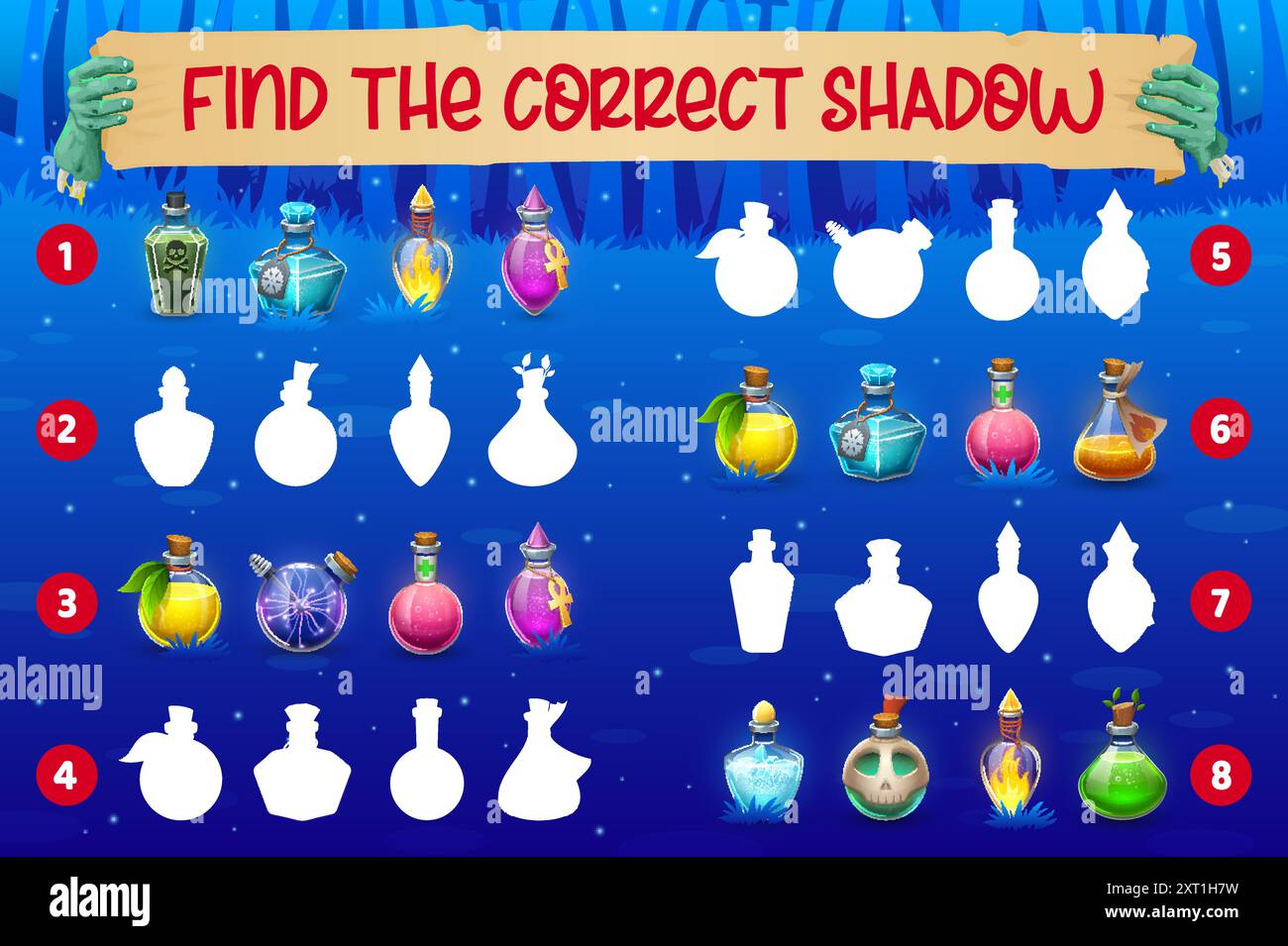 Halloween-Kinderspiel. Finden Sie das richtige Quiz zum Puzzle mit den Schatten der Tränkflaschen. Vektorarbeitsblatt der Kindererziehungsaktivität mit Hexen-Zaubertrank-Glasflaschen, Alchemie-Elixierkolben und Giftgläsern Stock Vektor