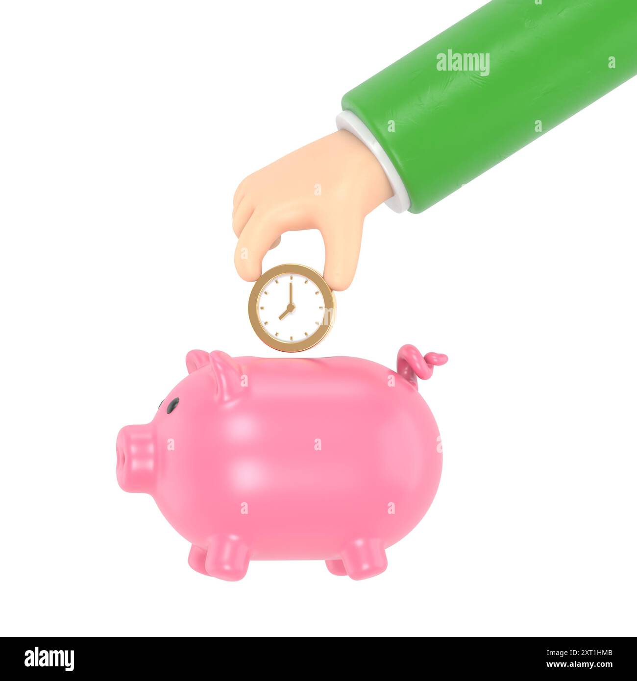 Cartoon Gesture Symbol Mockup.Time Saving in Piggy Bank.3D Rendering auf weißem Hintergrund. Stockfoto