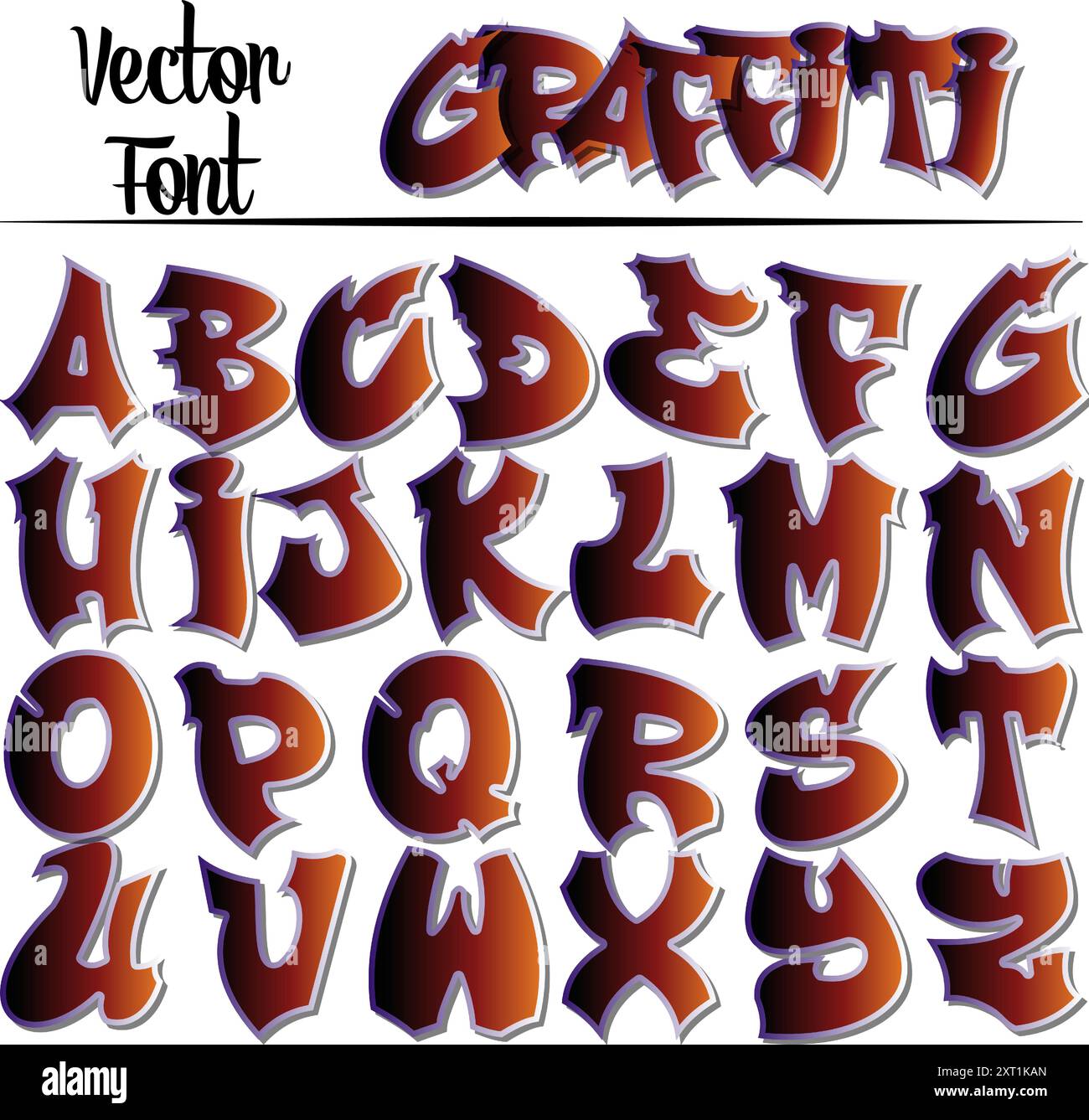 Graffiti-Stil, coole Street Art Schriftart, vollständig bearbeitbares Alphabet. Jeder Buchstabe ist getrennt, sodass Sie ihn einfach verschieben können, um eigene Wörter zu bilden. Orange Stock Vektor