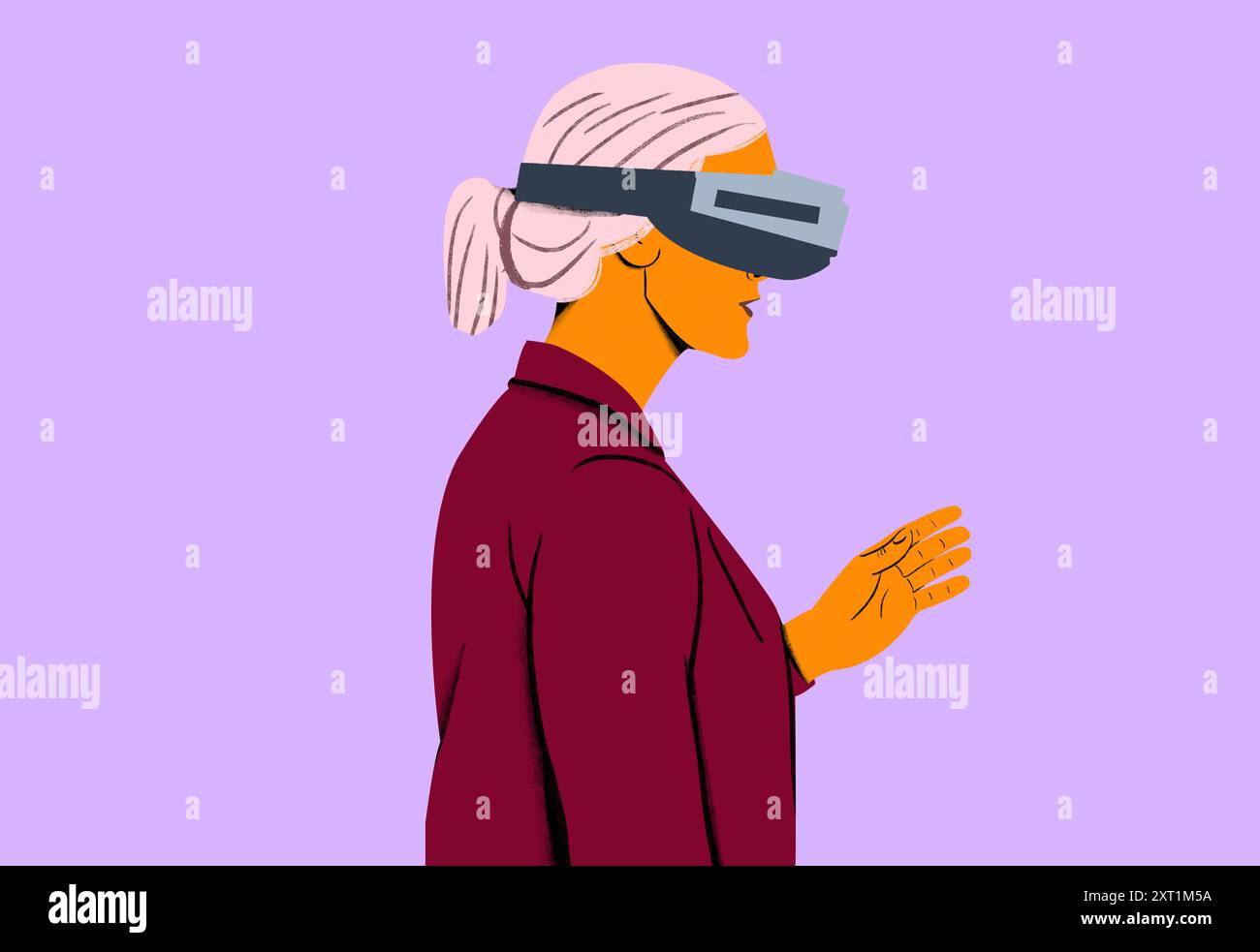Eine Geschäftsfrau, die eine Augmented-Reality-Brille trägt, seitlich zugewandt. Frau, Pferdeschwanz, AR-Brille, seitlich, Technologie. Seitenprofil einer Frau mit pi Stockfoto