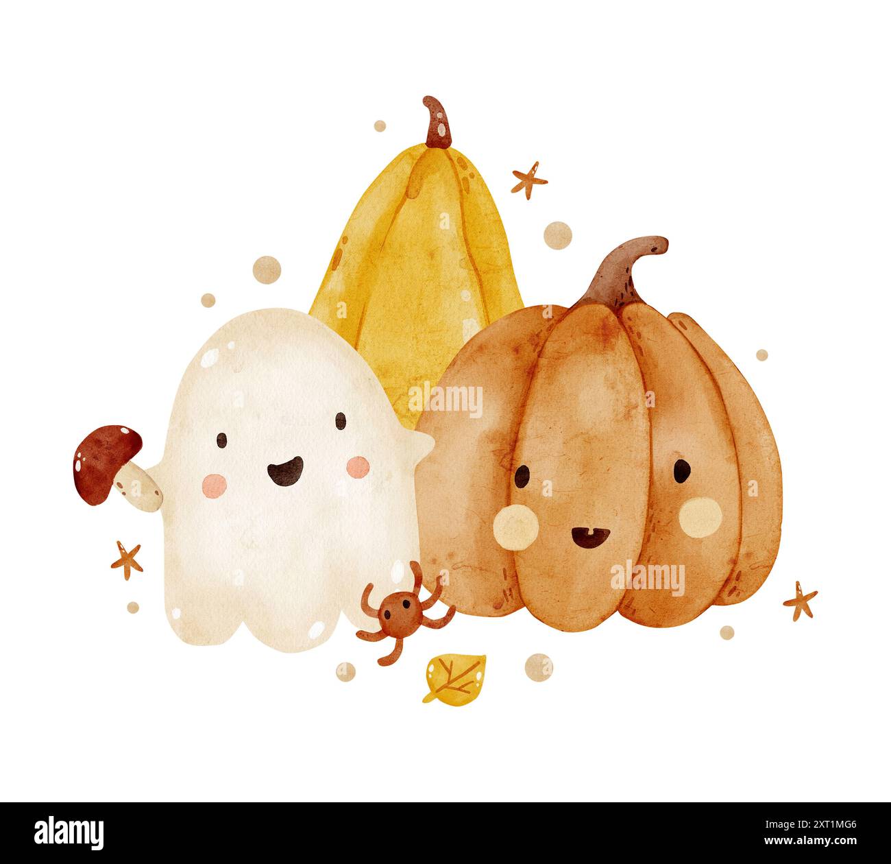 Lustige Kürbisse, Geister, Spinne, Pilze und Blätter. Handgezeichnete Aquarellillustration für Halloween. Clipart für Karten, Grüße, Einladungen, Aufkleber Stockfoto