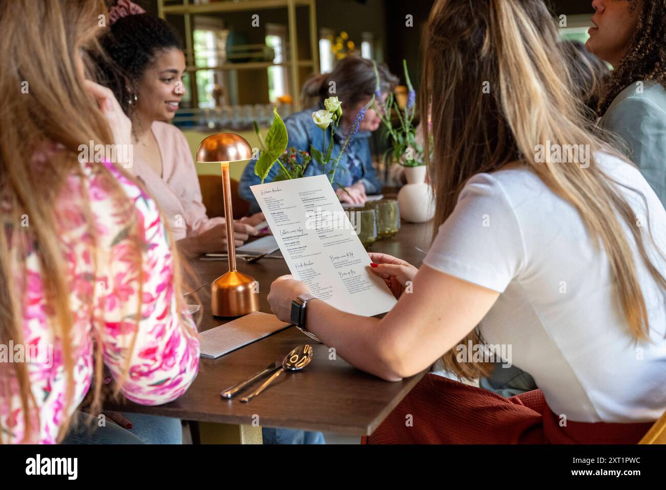 Eine Gruppe von Frauen genießt ein geselliges Treffen in einem gemütlichen Restaurant, wobei eine eine Karte liest und andere sich mit Gesprächen beschäftigen. Panc05469 Copyright: XC Stockfoto