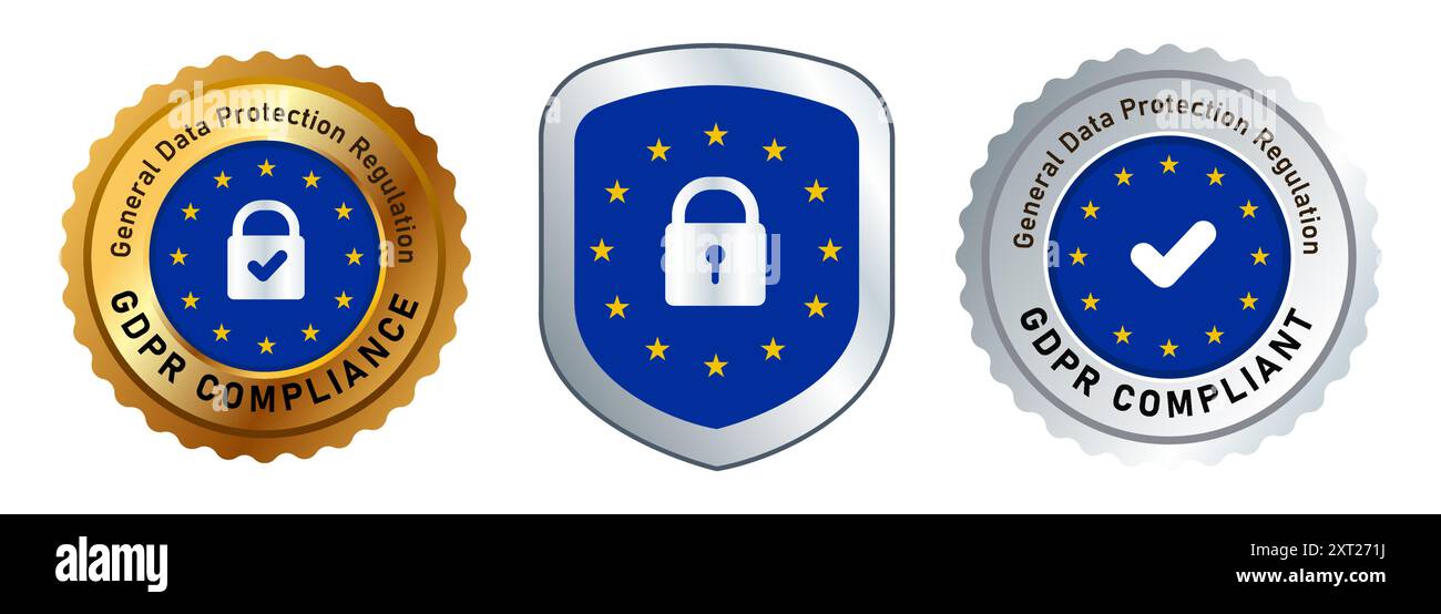 DSGVO-konforme Einhaltung allgemeiner Datenschutzbestimmungen Abzeichen Symbol Schild Schild Silber und Gold Stock Vektor