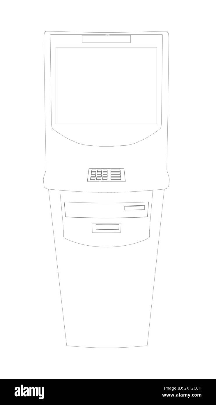 Contour ATM mit Display. Bankterminal für Transaktionen, Abheben von Geld und Einzahlen auf das Konto. Vektor-Illustration des Umrisses des Geldautomaten mit Kopie Stock Vektor