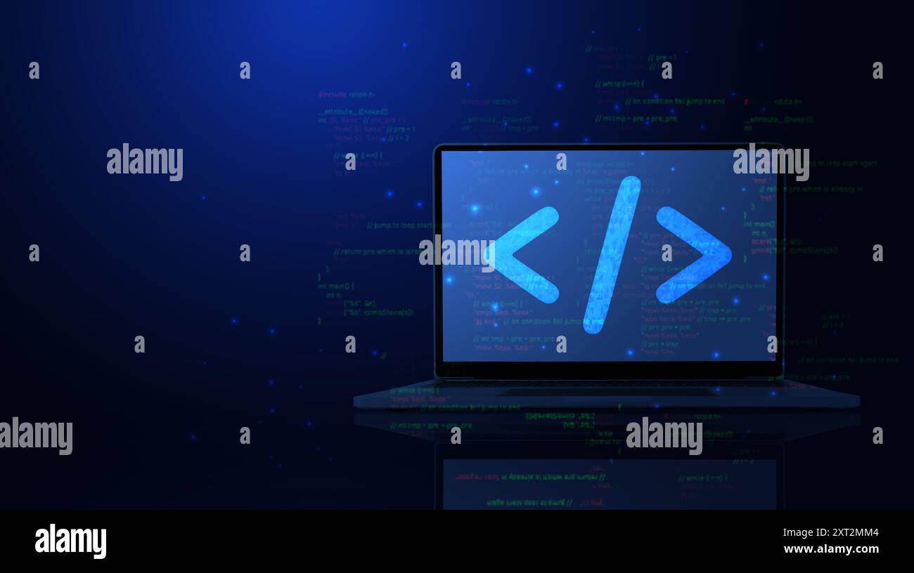 Abstraktes Programmierungscode-Symbol auf einem Laptop-Bildschirm in hellblauem, futuristischem Stil mit niedrigem Poly auf Technologiehintergrund. Programm- und Softwareentwicklung. Stockfoto