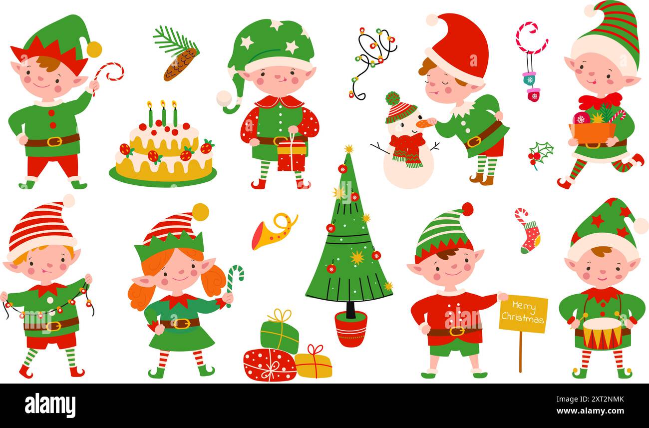 Weihnachtselfen. Santa Elf, Weihnachtshelfer mit Geschenken, Süßigkeiten, Dekorationen. Winterferienwesen in Kostümen und Hüten, heute Vektorset Stock Vektor