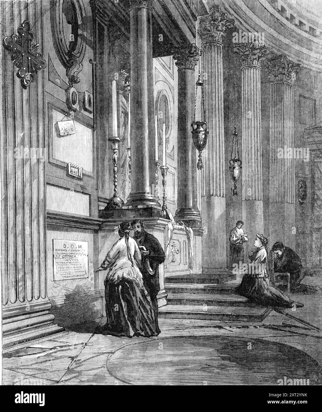 Das Grab von Raffaelle Sanzio di Urbino im Pantheon von Rom, 1870. Touristen am Denkmal des italienischen Renaissance-Malers in der Kirche Santa Maria della Rotonda, "...dem antiken römischen Pantheon. Beim Durchschreiten der großen Bronzetür und beim Drehen nach links findet sich eine quadratische Marmorplatte mit der folgenden Inschrift: "D. O. M. RAPHAELI - SANCTIO IOANN - F - VEBINATI - PICTORI - EMINENTISS - VETERVMQ - AEMVLO - CVIVS - SPIRANTES - PROPE - IMAGINES - SI - CONTEMPLERE - NATVRAE - ATQ - ARTIS - FOEDVS - FACILE - INSPEXERIS - IVLII - ET - ET - LEONIS - X - PONTT - MAXX Stockfoto