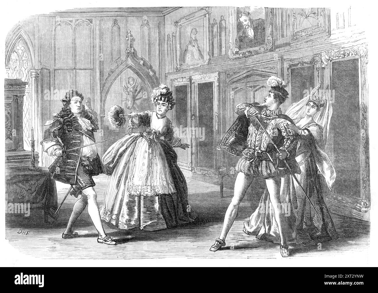 Szene aus "Ages Age", in der Galerie der Illustration, 1870. Die neue Unterhaltung... macht Mr. Und Mrs. German Reed viel Ehre, und Mr. W. S. Gilbert, dem Autor... es gibt nur eine Szene... es ist eine Bildergalerie in einem alten Schloss, genannt Glen Cockaleekie, jetzt im Besitz von Sir Ebenezer Tare, einem reichen Talg-chandler, der wegen der Aufmerksamkeit, die ein junger Mann von guter Familie, aber Arm an seine Tochter richtet, beunruhigt ist. Die alte Haushälterin hat die Geliebten jedoch unter ihren Schutz genommen und versucht, sie mit dem Aberglauben zu besessen, durch den sie ist Stockfoto