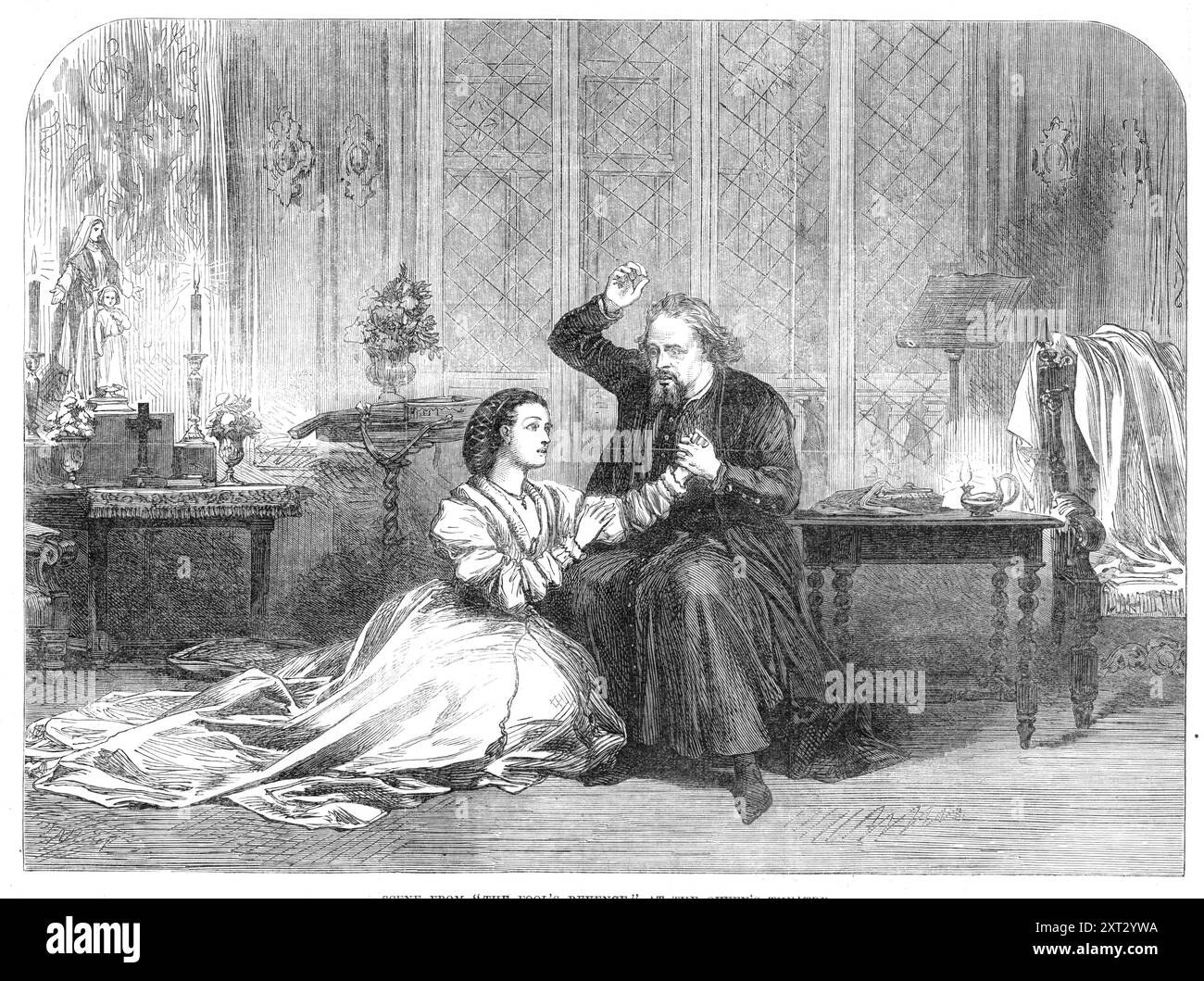 Szene aus "The Narr's Rache" im Queen's Theatre, 1870. Londoner Bühnenproduktion. Wir haben mehr als einmal die Einzelheiten des Komplotts von Mr. Tom Taylors Tragödie, "die Rache des Narren", detailliert beschrieben und brauchen sie daher nicht bei dieser Gelegenheit zu wiederholen. Seine Verdienste haben es allmählich veranlasst, von den nördlichen Theatern der Metropole zu einem westlichen Haus zu gelangen, und hier wird es wahrscheinlich die gebührende Aufmerksamkeit erhalten. Ihr Ruf wird nun von den Talenten von Mr. Und Mrs. Rousby unterstützt, die in London begonnen haben, den Eindruck zu erneuern, den sie bereits in der Provinz gemacht haben Stockfoto