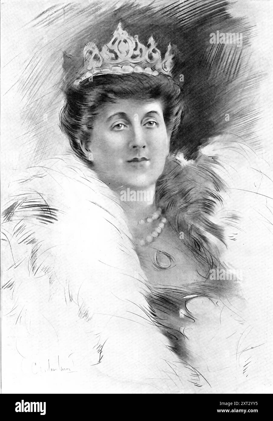 The Leaders of British Society - No. VIII. - The Duchess of Wellington, 1909. Gezeichnet von unserem besonderen Künstler, G. C. Wilmshurst. Vor ihrer Heirat im Oktober 1872 war die Herzogin von Wellington Kathleen Emily Bulkeley, Tochter von Captain Robert Griffiths Williams, Bruder von Sir Robert Bulkeley Williams-Bulkeley, BT. Ihre Gnaden haben vier Söhne und zwei Töchter. Duke of Wellington ist auch Marquess Douro, Marquess and Earl of Wellington, Somerset, Viscount Wellington of Talavera and Wellington und Baron Douro of Wellesley, alle im Vereinigten Königreich; Earl of Wellington Stockfoto