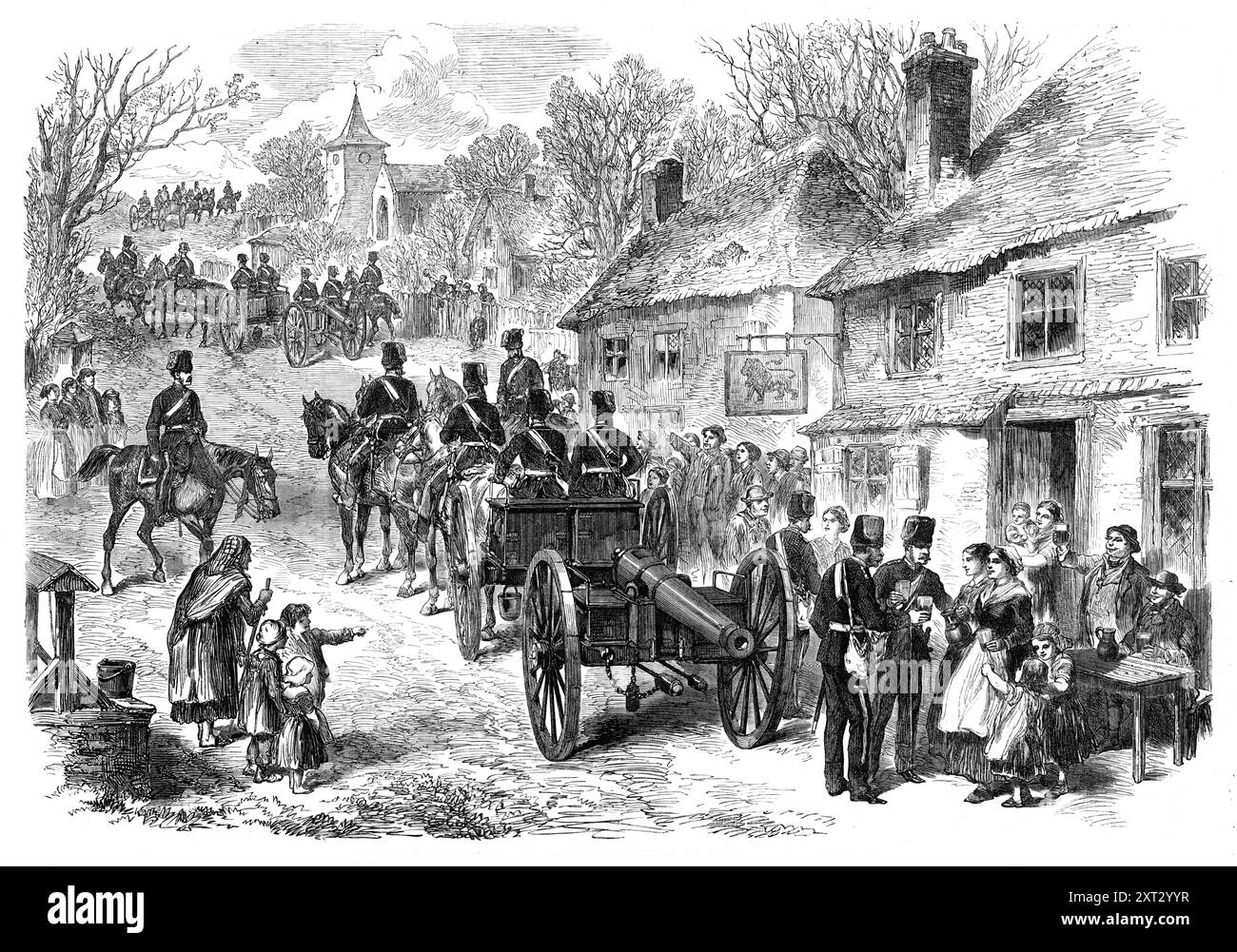 The Easter Volunteer Review: The 1st Middlesex Artillery on the march from London to Brighton, 1870. Britische Soldaten nehmen an einer jährlichen Veranstaltung in der Nähe von Brighton Teil: ein Scheinkampf am Ostermontag, in dem das Volunteer Rifle Corps of London und die benachbarten Countys, mit einigen aus Lancashire oder Yorkshire, auf die Zahl von 26.000 auf Brighton Downs auftauchten. oder am Karfreitag, der die Ferienzeit in dieser schönen Küstenstadt angenehm vertreiben wird. Die 1. Middlesex Artillerie, oder Hon. Artillerie C Stockfoto