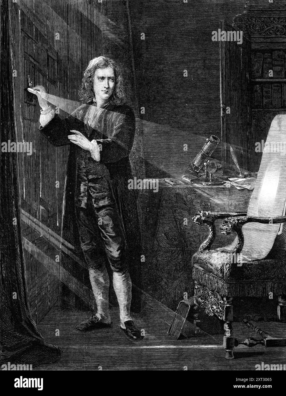 Newton Investigating Light, von J. A. Houston, R.S.A., 1870. "Die Daten für Sir Isaac Newtons Schlussfolgerungen bezüglich der Kompositcharakter des Lichts beruhen auf einem einfachen Experiment mit einem Prisma - einem Experiment, das ein Kind vielleicht gemacht hat; und nicht wahrscheinlicher, zu einer großen Entdeckung zu führen, wenn es nicht von einem Philosophen begründet wurde, als der Fall eines Apfels wahrscheinlich das große Gesetz der Gravitation suggerieren würde, das das Universum aufrechterhält und reguliert. Der Modus operandi des Experiments wird in dem gut durchdachten und gut und effektiv gemalten Bild von Mr. Houston gezeigt, das W Stockfoto