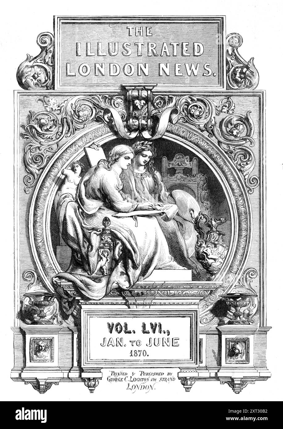 Titelseite von "Illustrated London News", Januar bis Juni 1870. Allegorische Figuren: Literatur mit einem Federstift und Kunst mit einer Palette. The Illustrated London News, gegründet von Herbert Ingram und erstmals im Mai 1842 veröffentlicht, war das erste illustrierte wöchentliche Nachrichtenmagazin der Welt. Stockfoto