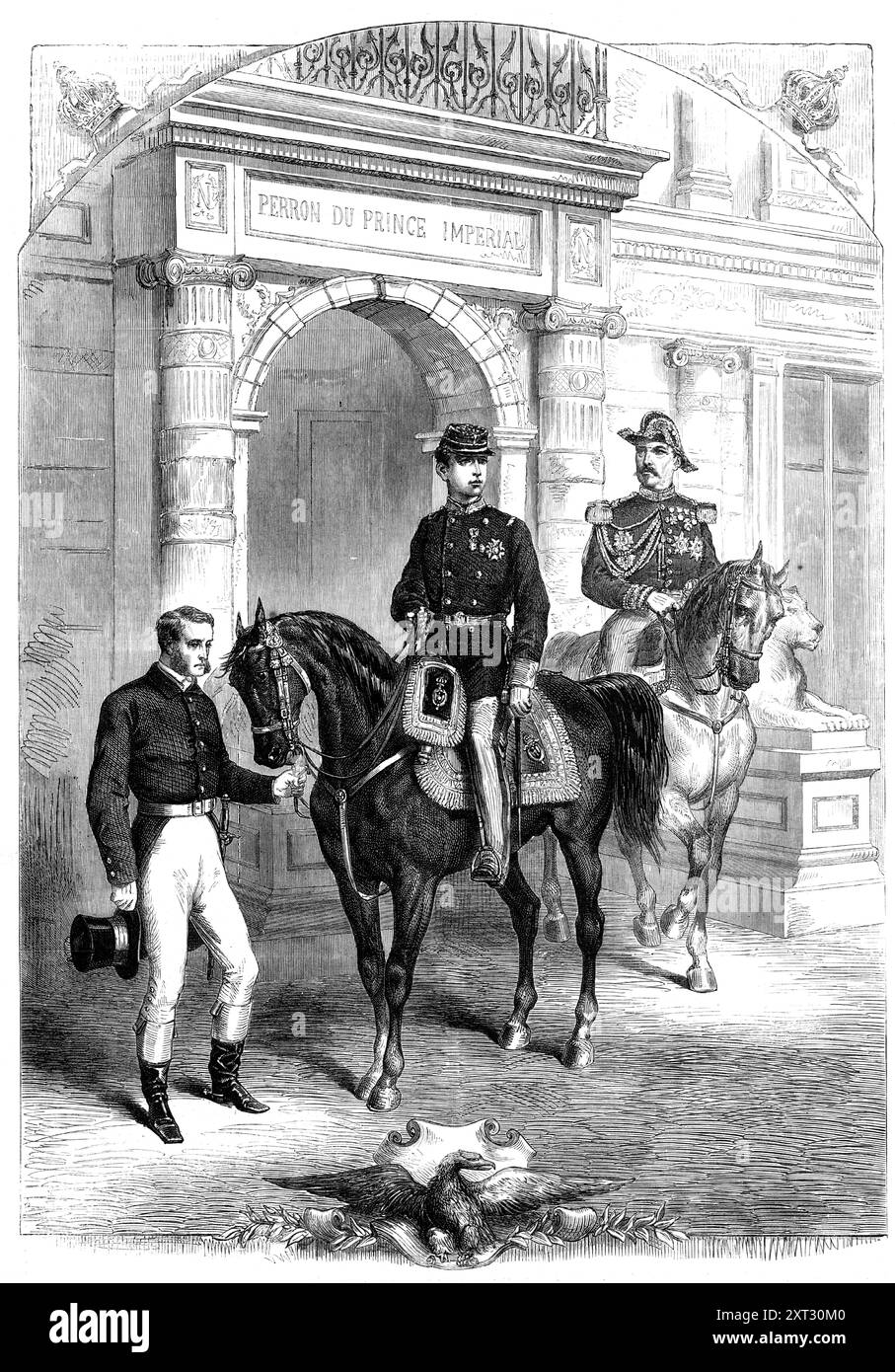 Der Prinz Imperial und sein Gouverneur, 1870. Der französische General Charles Auguste Frossard nahm 1849 an der Belagerung Roms und 1855 an der Belagerung Sewastopols Teil. 1867 ernannte ihn Kaiser Napoleon III. Zum Chef seines Militärhaushalts und zum Gouverneur seines Sohnes Ludwig Napoleon, dem Fürsten des Kaiserreichs. Aus Illustrated London News, 1870. Stockfoto