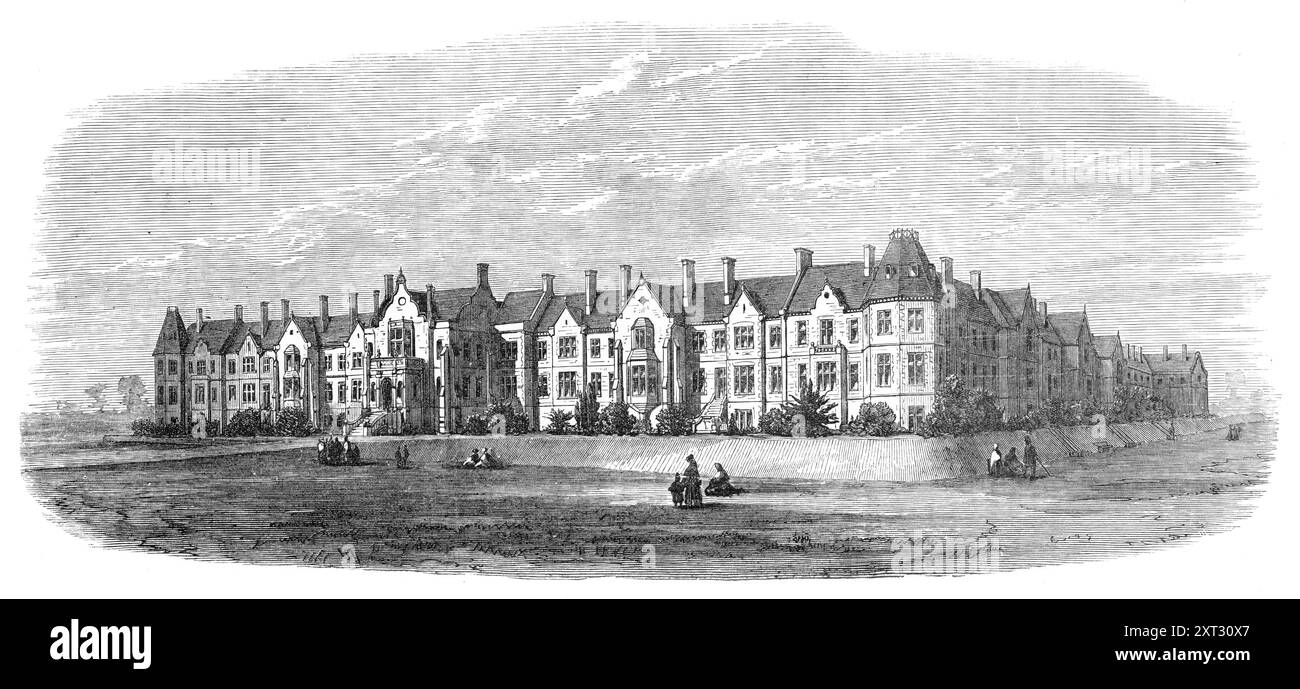 Wonford House, Exeter, Rückzugsort für die Irren, 1870. "Die Angelegenheiten der Institution stehen unter der Kontrolle eines Spenderkomitees, der... Patienten zu Bedingungen aufnimmt, die ihren Umständen entsprechen. Die Beamten werden alle nach Gehalt bezahlt, so dass niemand, der mit der Institution in Verbindung steht, das geringste Interesse an den Zahlungen der Patienten hat. Das Ziel... war, dass [dieses Herrenhaus] den Charakter eines Heims und nicht eines Asyls haben sollte. Die Speise-, Zeichnen-, Musik- und Billardzimmer sind alle hübsch und gut eingerichtet; und es gibt Suiten mit Zimmern... für Einzelpatienten, die fast geben Stockfoto