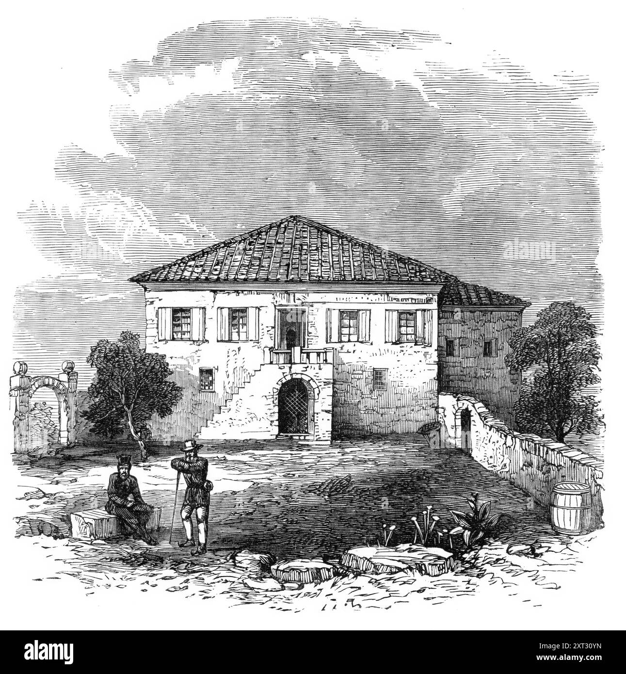 Haus in Oropos, wo die Engländer gefangen waren, 1870. Gravur einer Skizze von John Ellis vom Haus des Schulmeisters im Dorf, wo... die englischen Herren Herbert, Vyner und Lloyd, und der italienische Graf von Boyl... wurde vom 19. bis 21. April in einem Raum eingeschlossen, ohne Möbel, aber einen Stuhl und einen Tisch. der Rest des Hauses wurde von Arvanitaki und seiner Bande besetzt, der Mord... durch die Brigands von Attika, wer sie auf der Straße zwischen Athen und Marathon gefangen hatte, ist frisch in der Erinnerung unserer Leser. (Die Gefangenen waren)... Schlachter Stockfoto