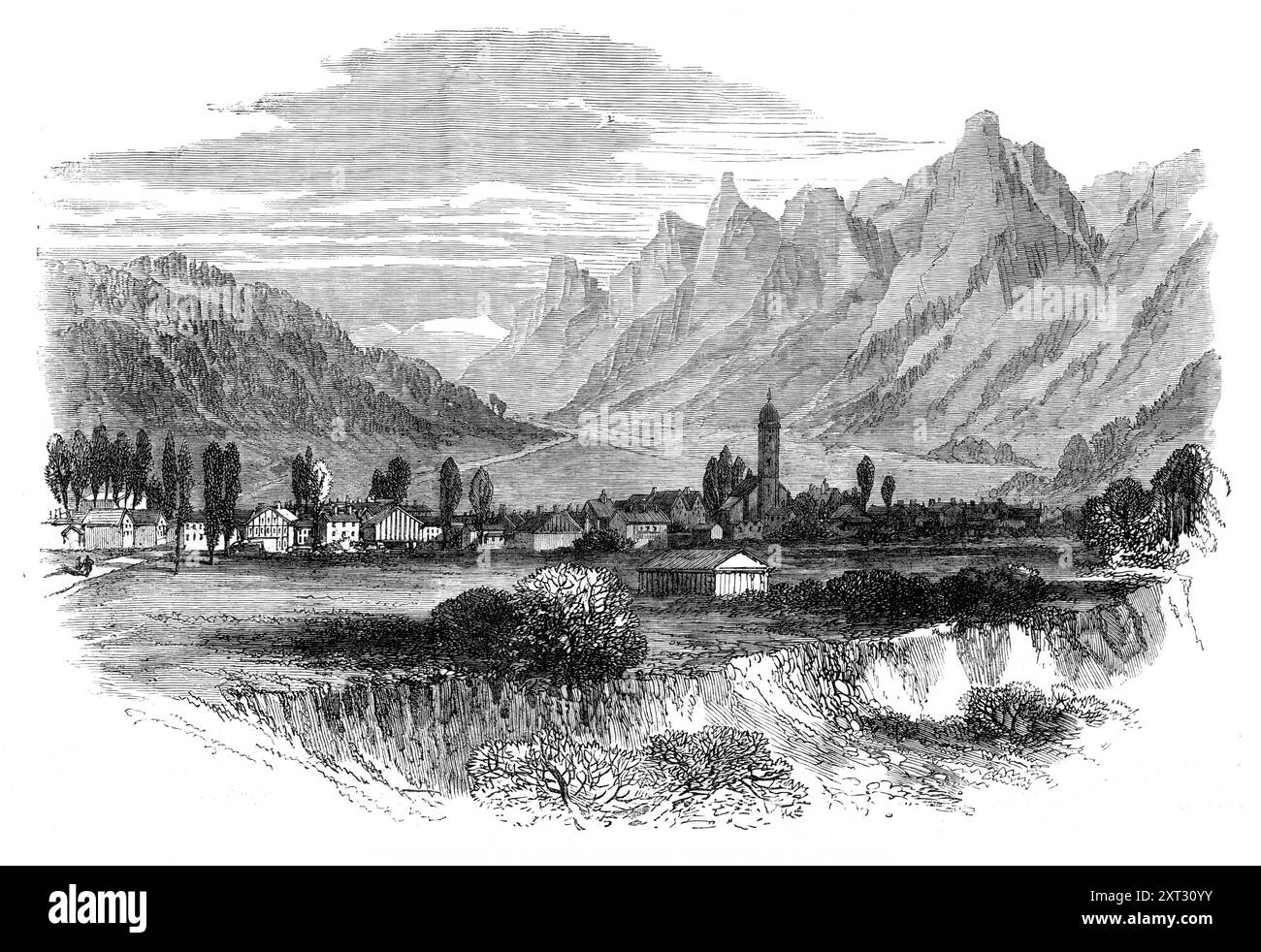 Ober Ammergau, in Bayern, wo das Wunderspiel gespielt wird, 1870. „Das Stück... findet alle zehn Jahre statt, seit 1640, dem Jahr seiner Einweihung... 1633 befiel das Dorf eine Pest, und es wurde gelobt, die Leidenschaft unseres Herrn alle zehn Jahre zu erfüllen, wenn die Pest aufhielt. Es wurde, so sagt die Geschichte, dort geblieben, und das Spektakel wurde seither religiös in der angegebenen Zeit gehalten. In diesem Jahr ist sie bis zum 30. September jeden Sonntag vertreten. Das Dorf ist ein kleines Dorf, das am Rande Tirols zwischen München und Innspruck liegt, und die Künstler sind eins Stockfoto