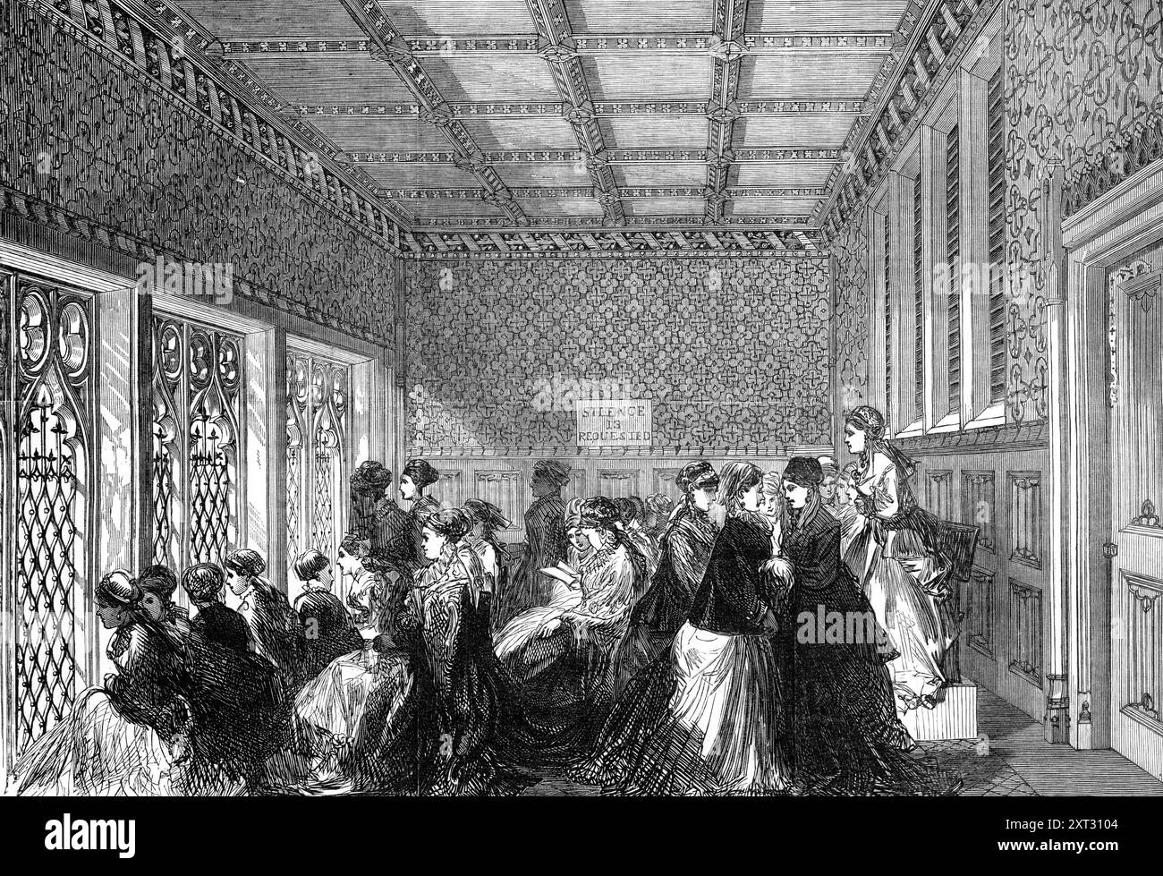 Die Ladies' Gallery, House of Commons, [London], 1870. "Frauen werden zugelassen... unter äußerster Bedrängnis... über dem Stuhl des Sprechers... gibt es eine kleine Suite von Wohnungen, die nach dem architektonischen Prinzip eingerichtet wurden, das für die Häuser... und für die Käfige gilt, in denen orientalische Frauen... im Allgemeinen gefangen sind. Vor den Sitzen ist ein vergoldeter Gitterschirm aufgestellt, durch den man hören kann, durch den man aber einst nicht leicht sehen konnte, aufgrund des dicken Ornaments, aus dem das Gitter zusammengesetzt war... waren die Damen in den Habiten Stockfoto