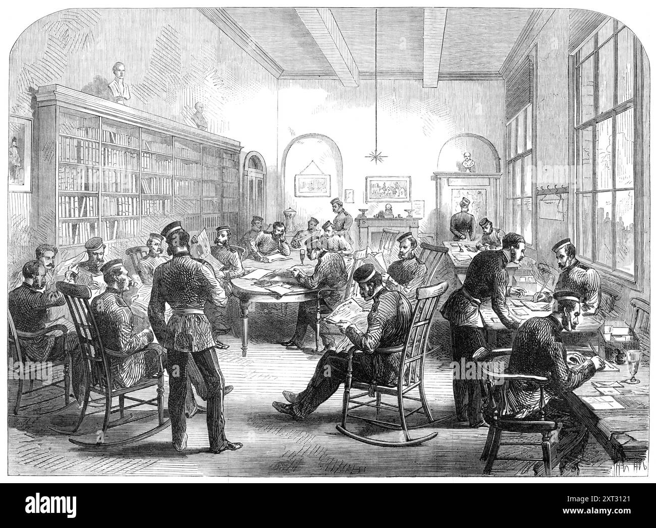 The Guards' Institute, Vauxhall-Bridge-Road [in South London]: The Reading-Room, 1869. Das neue Gebäude in der Francis-Straße, Vauxhall-Brücke-Straße,... das für die Unterbringung des Sozialclubs errichtet wurde, der unter der Schirmherrschaft der Wachoffiziere für den Komfort und die Erholung der Soldaten gebildet wurde... wurde von mehr als fünfzehnhundert Mitgliedern begleitet. wer es gewohnt ist, es abends, sowohl an Wochentagen als auch sonntags, zum Lesen, Schreiben und Konversation zu besuchen, auch Erfrischungen von gesunder Art (Bier und Wein, aber keine glühenden Spirituosen) provi zu essen Stockfoto