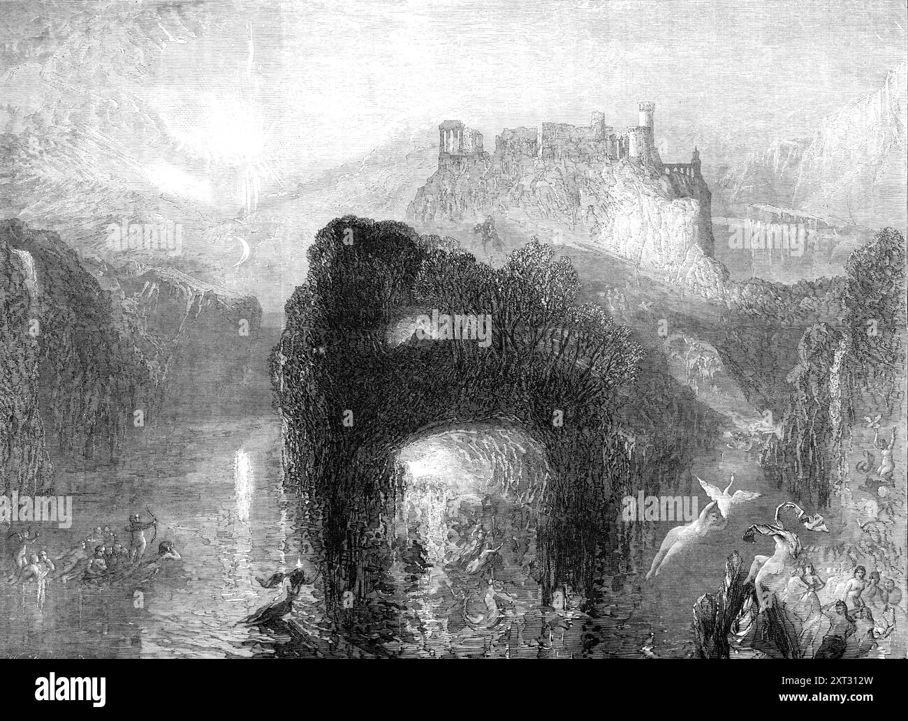Queen Mab's Grotto, aus dem Gemälde von J. M. W. Turner, 1870. "... widersprüchliche Meinungen... wurden unter Achtung dieses Bildes geäußert. Manche suchen vielleicht nach einer rhapsodie, andere benötigen eine Entschuldigung; manche betrachten das Bild als poetische Schöpfung künstlerischer Vorstellungskraft; andere mögen es als das Ergebnis großer, aber verzweifelter und verfallender Mächte betrachten... sicherlich werden viele das Bild, sei es in Bezug auf Konzeption oder Behandlung, mit immer neuer Freude betrachten. Die Übersetzung in Schwarz-weiß scheint auch die Komposition mit einer frischen und angenehmen Überraschung vor das Auge zu bringen Stockfoto