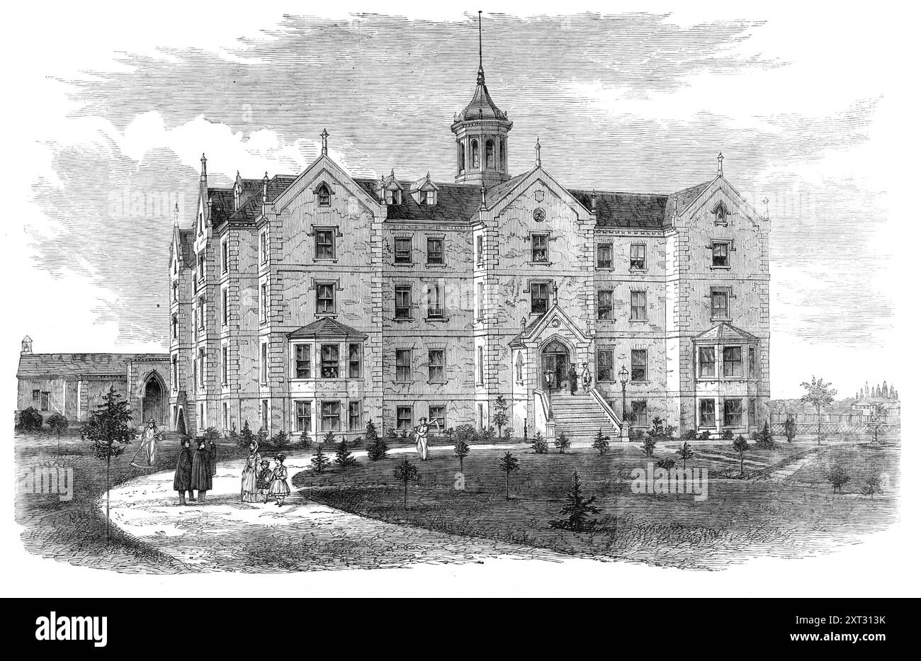 Das Hellmuth College in London, Ontario, Kanada West, 1870. "Diese Institution... ist nach ihrem Präsidenten [und Gründer], dem Pfarrer I. Hellmuth, Dekan von Huron und Rektor der St. Paul's Cathedral, in derselben kleinen Stadt London benannt...[Er] ist weder ein Eingeborener der Herrschaft Kanadas, noch ist er, wie wir glauben, ein Engländer. Er ist ein Gentleman jüdischer Familie aus Polen, der in Breslau ausgebildet wurde, der das Christentum anschloss und sich nach Kanada niederließ Stockfoto