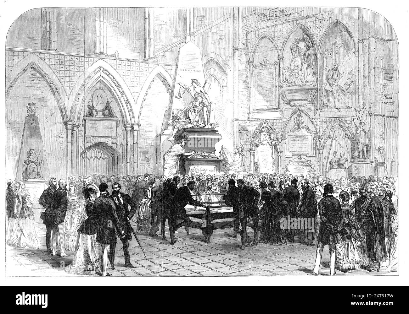 Das Grab von Charles Dickens in Poets' Corner, Westminster Abbey, 1870. "Die ehrwürdige Abbey Church... hat vor kurzem die sterbliche Leiche eines anderen Engländers erhalten, der würdig ist... letzte Woche, im Auftrag von Dean Stanley... das Grab von Charles Dickens wurde hier in der Mitte des Geschosses... das kunstvolle Denkmal des Herzogs von Argyll zu George II. Zu Zeiten - Jeanie Deans's guter Herzog, in „das Herz des Mittleren“ – erhebt sich gegenüber... die Denkmäler von Goldsmith und Gay... sind links zu sehen...[Dickens'] Grab, das bereits mit Blumen übersät ist, wäre von nun an ein heiliger Ort, sowohl mit der Neuen Welt als auch mit der Neuen Welt Stockfoto