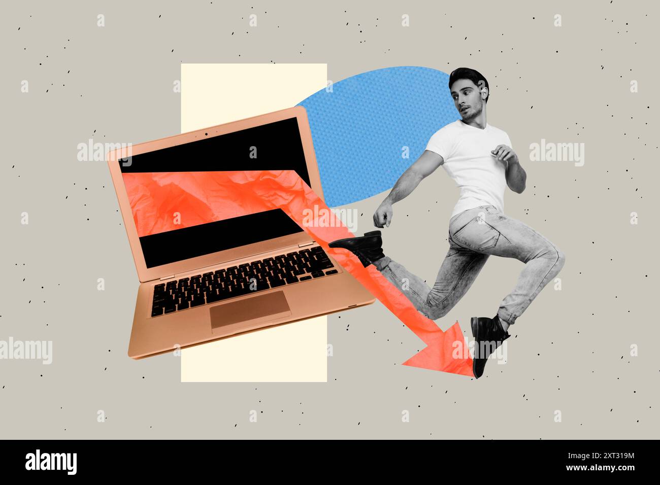 Zusammengesetzte Fotocollage des seriösen Geschäftsmannes laufen macbook Gerät Pfeil nach unten bankrotte Statistiken Rückgang isoliert auf gemalten Hintergrund Stockfoto