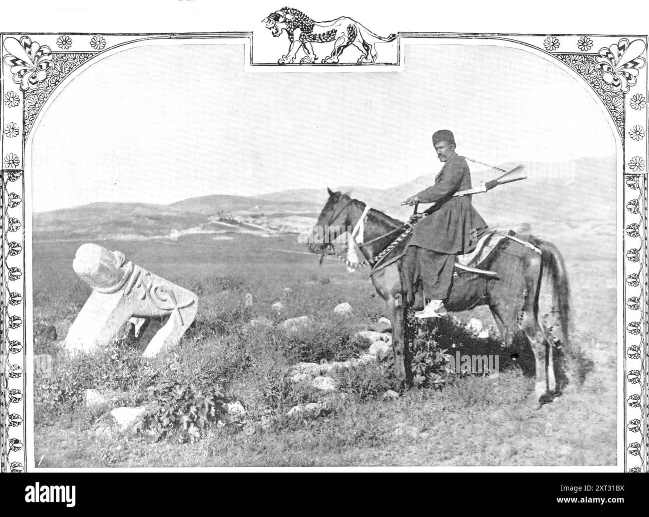 Threatener von Teheran: Ein berittener Bakhtiari, 1909. "... Männer, die den Schah gefangen nehmen können, Anhänger der Bakhtiari, die versuchen, Herrscher von Persien zu werden. Unter Ausnutzung der allgemeinen Lage in Persien haben die Bakhtiari, ein Bergrennen aus dem Südwesten Persiens, ihre lang erwartete Bewegung vollzogen und waren vor einigen Tagen vor den Toren Teherans. Laut Perceval Landon (im „Telegraph“) brauchte es nur die einfachste Erkenntnis der asiatischen Methoden und Stimmungen, um zu erkennen, dass die Bakhtiaris zu welchem Zweck auch immer auf die Hauptstadt Persiens marschierten, es W Stockfoto