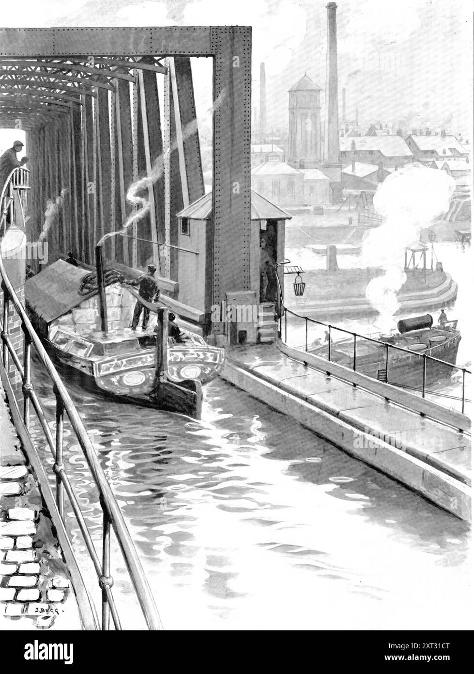 Wasser überspannt vom Wasser: Der Bridgewater Canal, der den Manchester Ship Canal überquert, 1909. "Der Manchester Ship Canal, eine bemerkenswerte Meisterleistung der Ingenieurskunst, bietet vielleicht kein merkwürdigeres Merkmal als das Barton Aquädukt, das hier dargestellt wird. Dadurch wird der alte Bridgewater Canal über den moderneren Schiffskanal geführt. Das Aquädukt, das vierzehntausend Tonnen wiegt, hat an beiden Enden ein wasserdichtes Tor Diese Tore werden geschlossen, wenn es notwendig ist, Platz für ein Schiff auf dem Kanal darunter zu machen, und das Aquädukt wird an einem Drehpunkt zur Seite geschwenkt, wobei das Wasser auf seiner Oberseite wie bisher gehalten wird Stockfoto