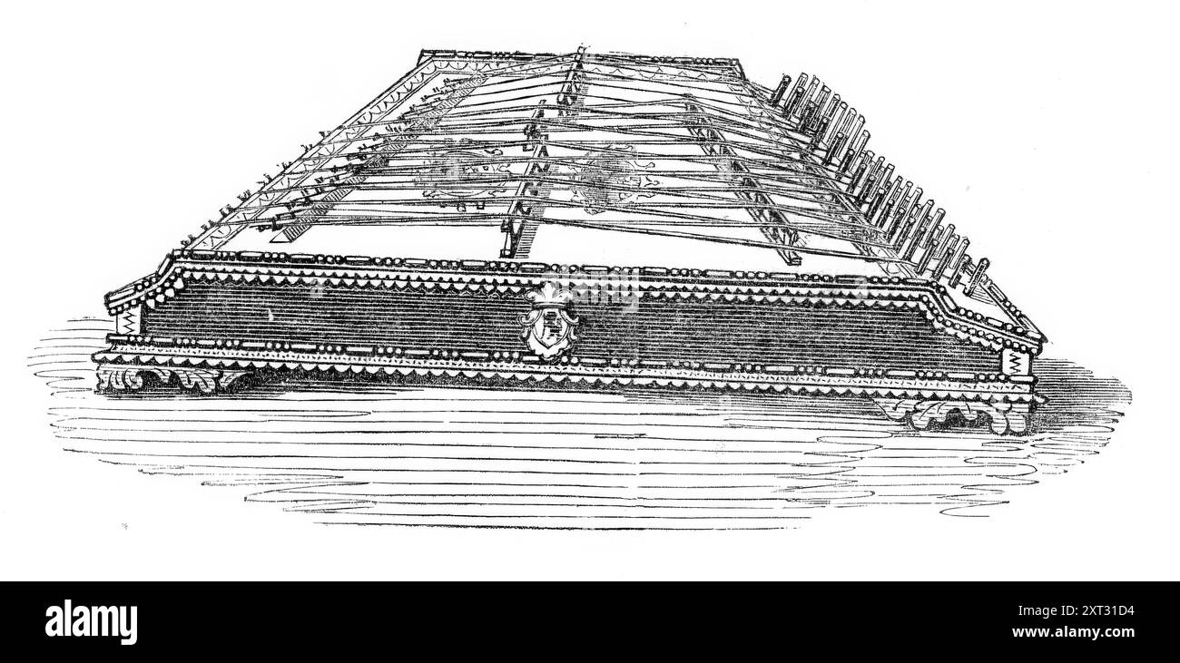 Musikinstrumente im South Kensington Museum: Hackbrett, 1870. "Das Hackbrett ist italienisch, mit 26 Saiten aus Metall, die mit zwei kleinen Hämmern gespielt werden." Aus Illustrated London News, 1870. Stockfoto