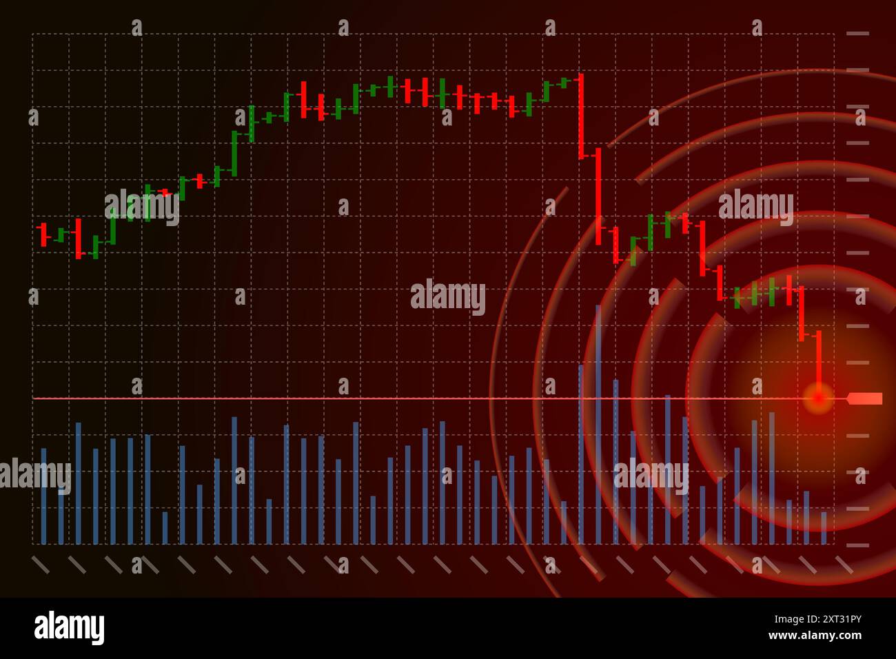 Technische Analyse des Aktienhandels: Starkdiagramms fallen. Abwärtstrend für Kerzenhalter an der Börse. Schaubild der Krisenwirtschaft und Investitionsverluste. EP-Banner für den Absturz des Finanzindex des Traders. Geldverlust Stock Vektor