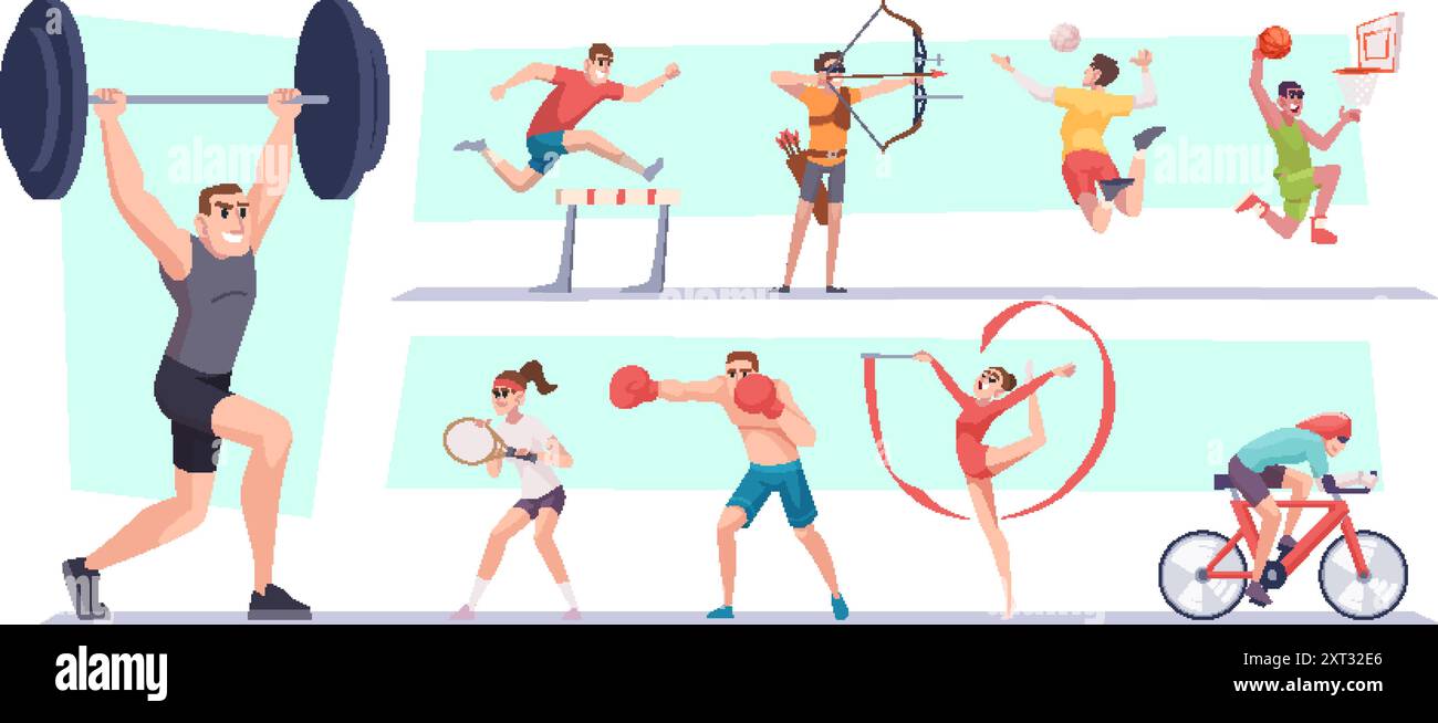 Olympische Spiele. Sport Menschen Outdoor Fitness Aktivitäten exakte Vektor olympische Spiele Charaktere Stock Vektor