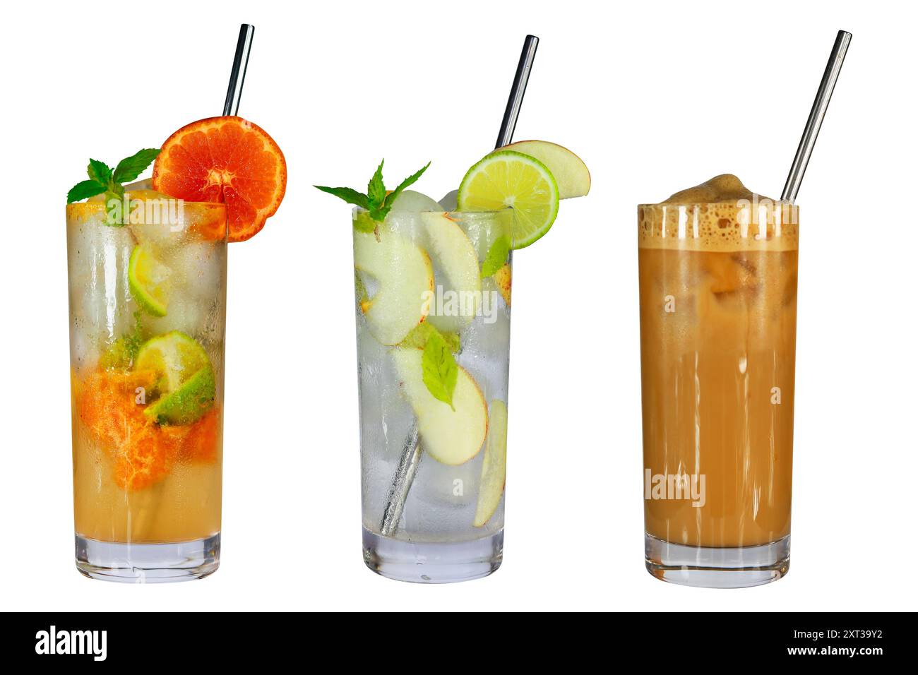 Orange Virjin Mojito, Apple Virgin Mojito, kalter Kaffee auf weißem Hintergrund Stockfoto