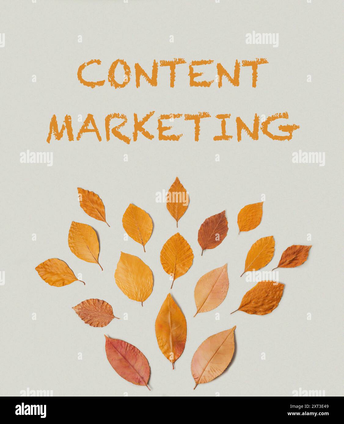 Ein Laubbaum aus Blättern mit den Worten Content Marketing in Orange Stockfoto
