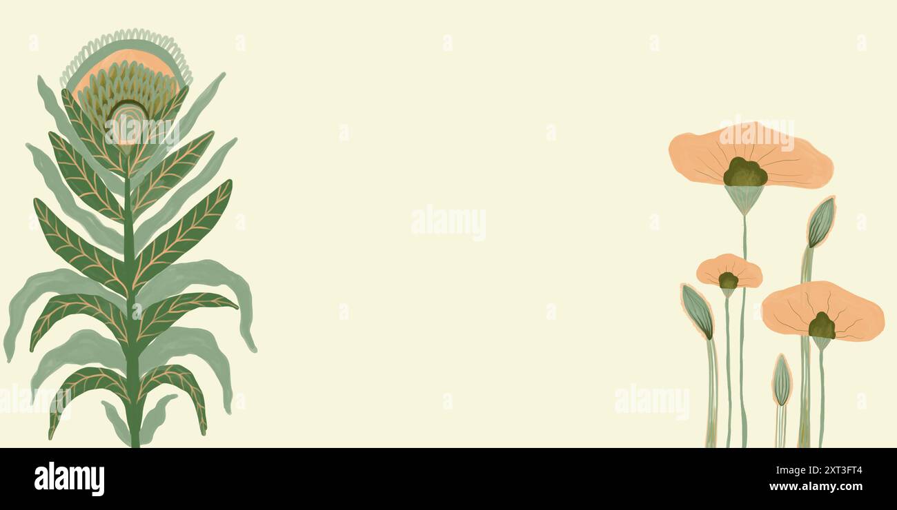 Eine ruhige und stilisierte Pastell-Illustration mit exotischen Blumen und zarten Mohnblumen im Garten, ideal für Frühlingsmotive. Stockfoto