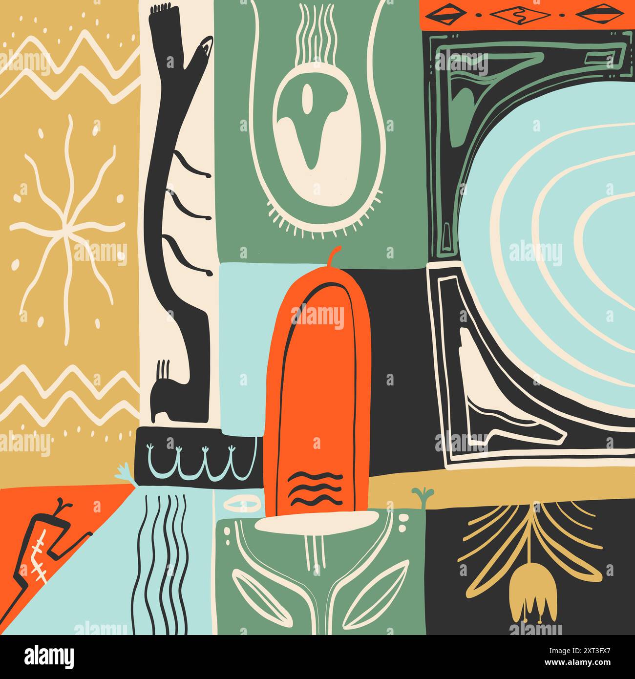 Eine lebendige Illustration mit einer Collage abstrakter Formen und Linien, die an Bleistiftskizzen erinnern, in einem Patchwork-Design mit verschiedenen Farben Stockfoto