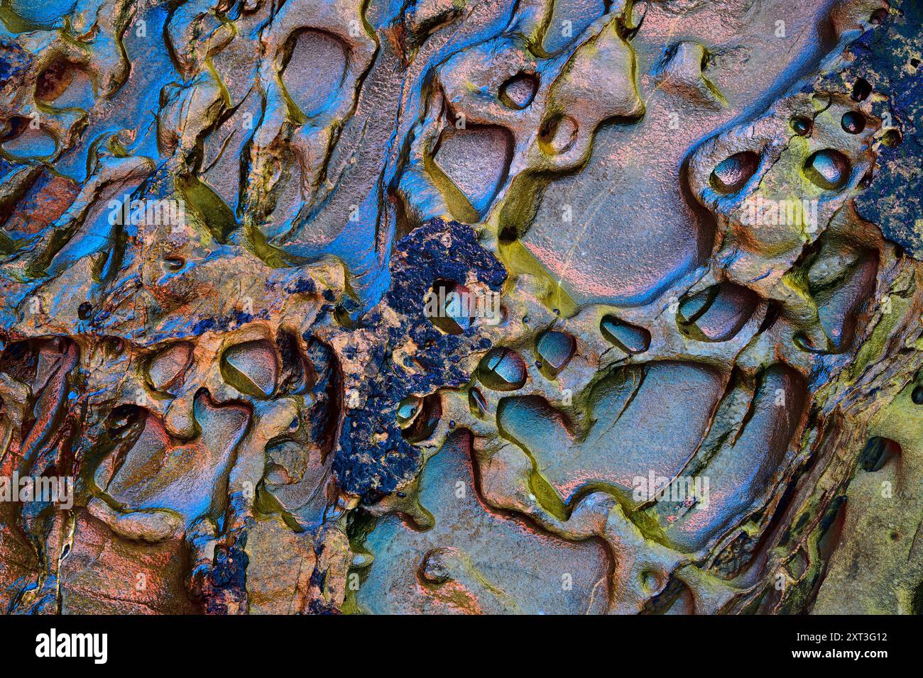 Dieses Bild zeigt die lebendige, alveolare Erosion auf einer Küstenklippe mit satten Blautönen, leuchtendem Grün und tiefen Rostfarben, die das Licht hervorheben Stockfoto