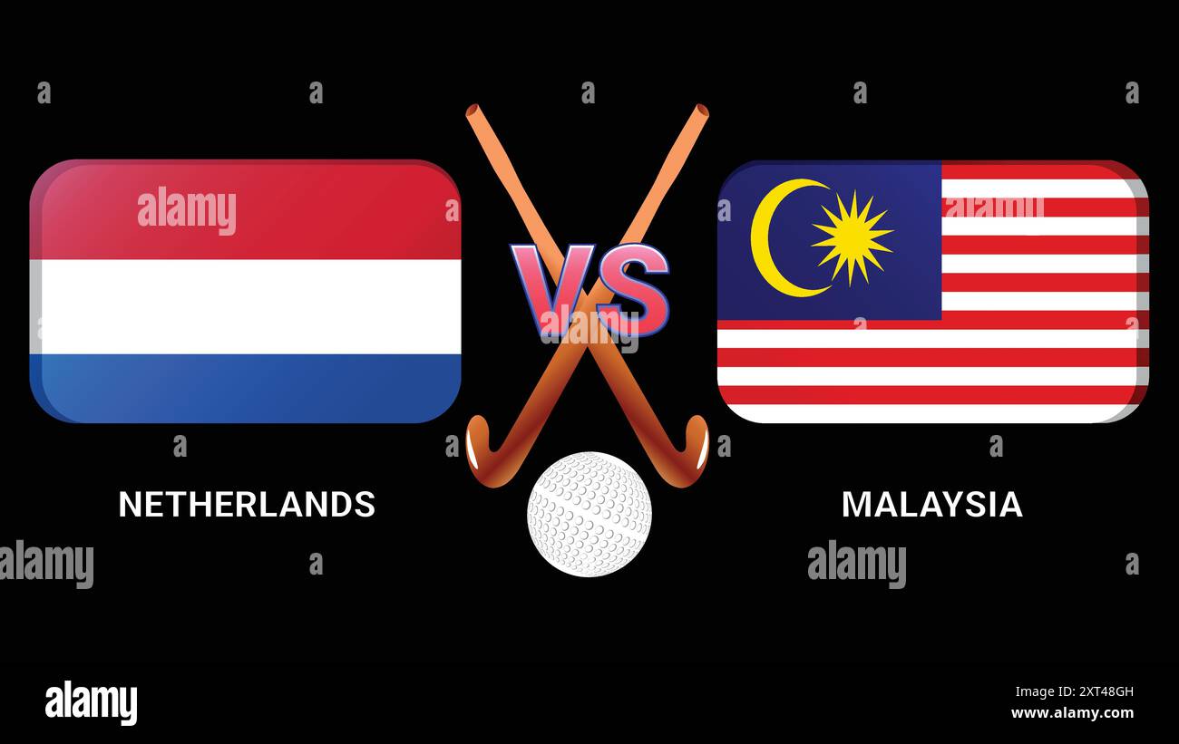 Niederlande gegen Malaysia Eishockeyspiel mit Flaggensymbolen Eishockeyschläger und Ball auf dunklem Hintergrund Stock Vektor