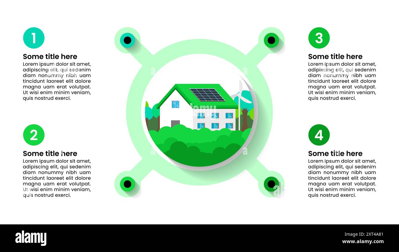 Infografik-Vorlage mit Symbolen und 4 Optionen oder Schritten. Grünes Haus. Kann für Workflow-Layout, Diagramm, Banner, webdesign verwendet werden. Vektorgrafik Stock Vektor