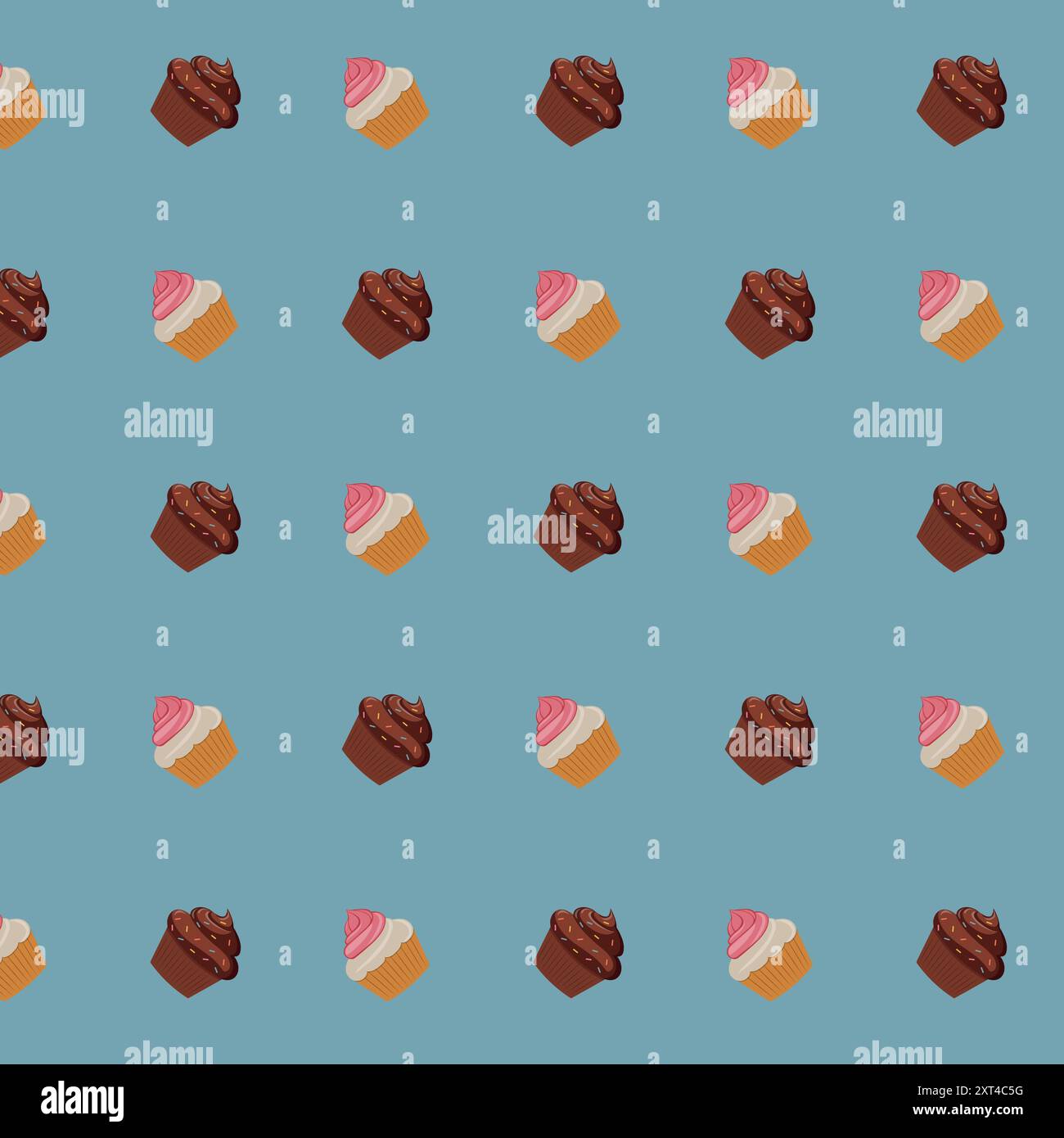 Muster von Schokolade und weißen Cupcakes auf blauem Hintergrund. Stock Vektor