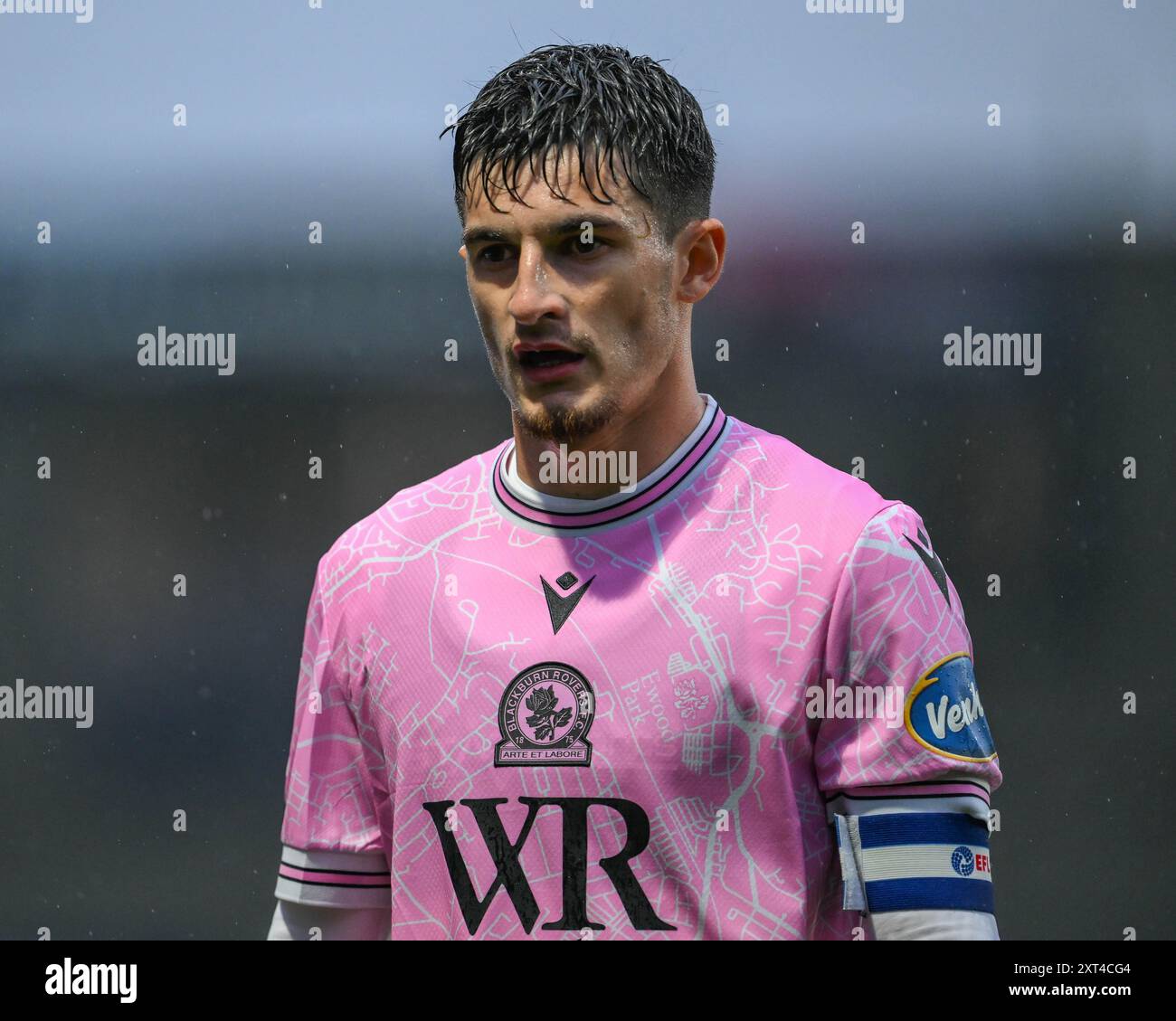 John Buckley von Blackburn Rovers während des Carabao Cup Matches Stockport County gegen Blackburn Rovers im Edgeley Park Stadium, Stockport, Vereinigtes Königreich, 13. August 2024 (Foto: Craig Thomas/News Images) Stockfoto