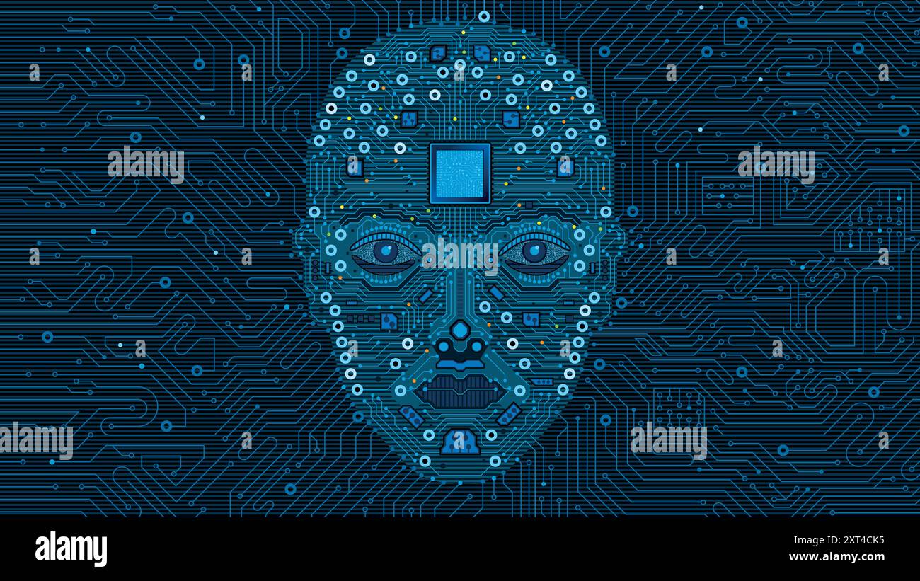 Das Konzept der künstlichen Intelligenz. Menschliches Gesicht aus Schaltkreisen mit einem Mikrochip in der Stirn und blauen Lichtern. Vektorbild Stock Vektor